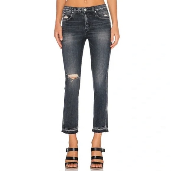 AMO Babe Button Fly Crop Jeans in Vixen Destroy Faded Black Wash Raw Release Hem - Picture 1 of 9